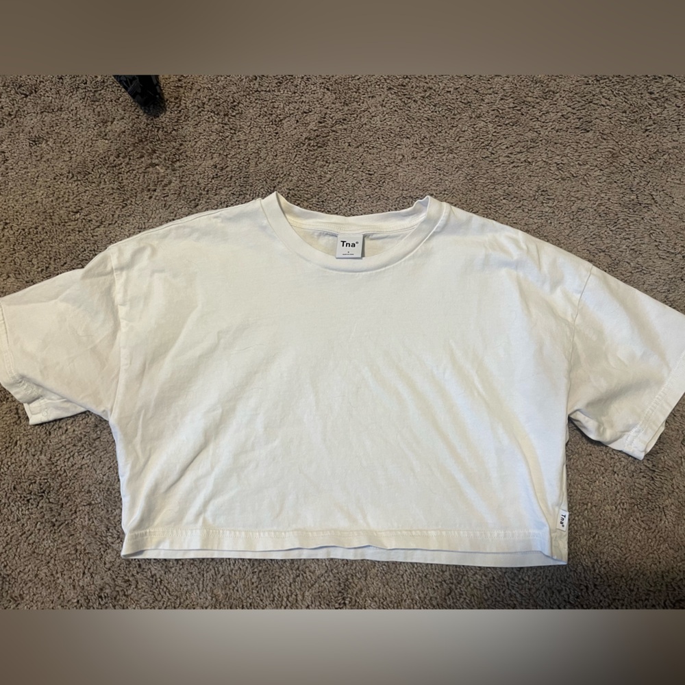 Size Small cropped white T-shirt.
